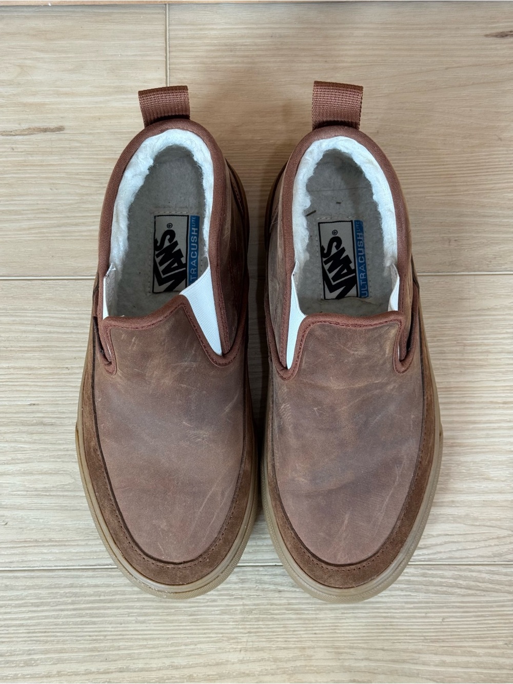 Vans Brown Leather Slip-On Loafers with Shearling Lining